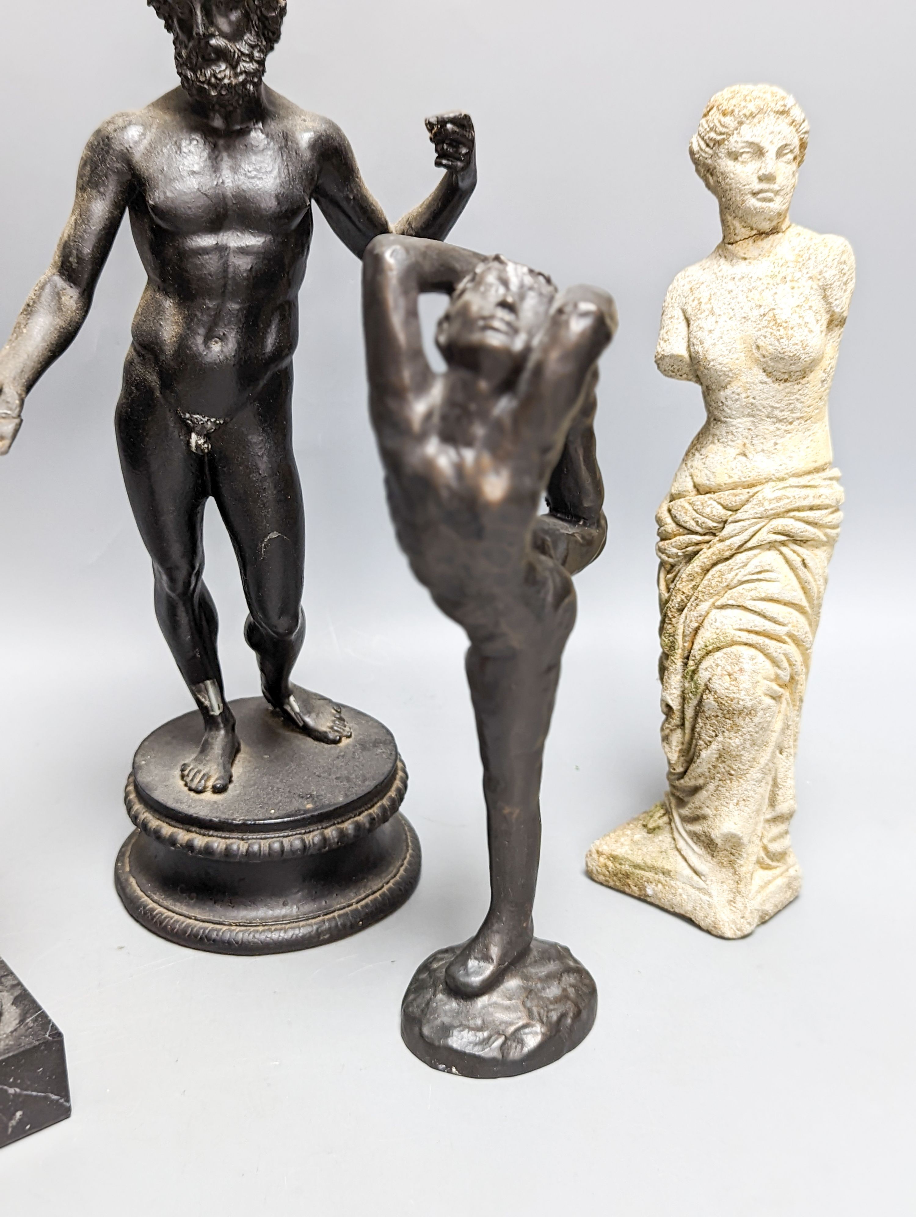 A reproduction composition classical female nude figure, together with three similar figures, 30cm